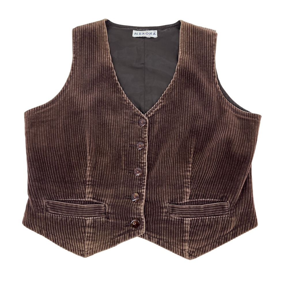 Vintage 70s Corduroy Vest Womens Cropped M/L Brown Button Front V-Neck